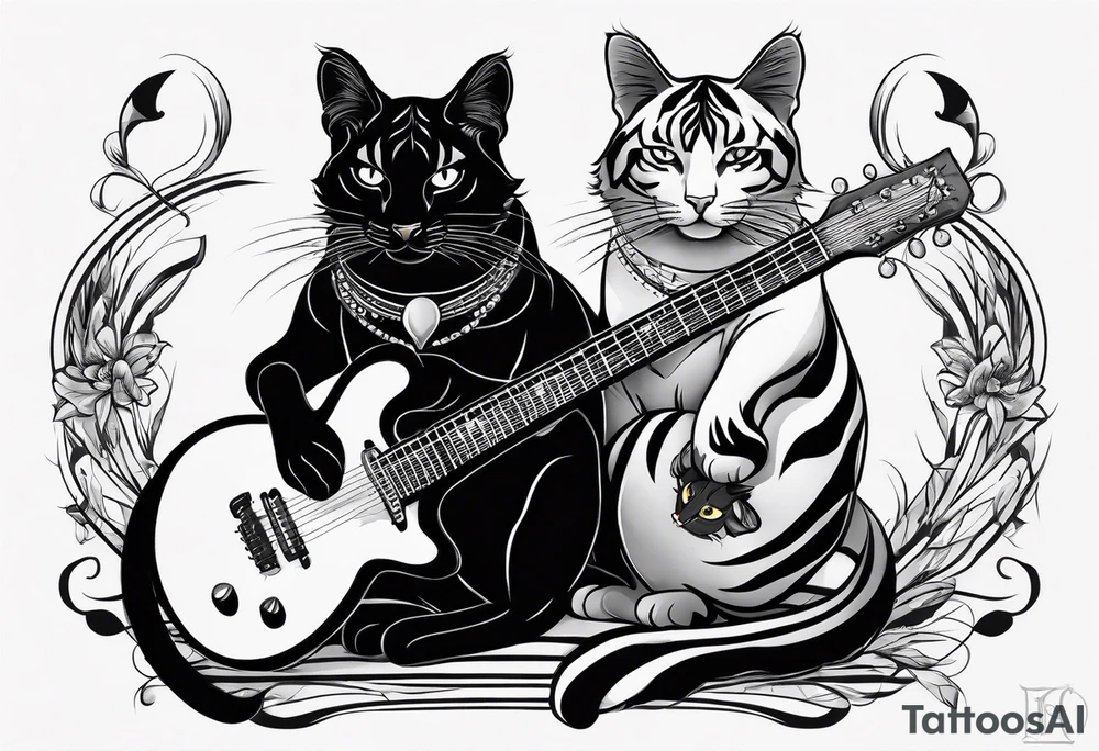 Black Cat and gray Tiger cat playing a guitar with two necks. tattoo idea