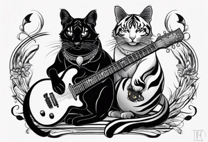 Black Cat and gray Tiger cat playing a guitar with two necks. tattoo idea