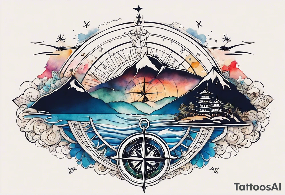 compass rose with beach, mountains, city scapes and European landmarks in and around it, spilled watercolor and tiny jet plane silhouette and a tiny ski boat in the water tattoo idea