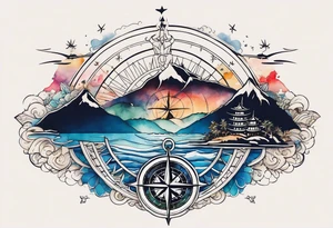 compass rose with beach, mountains, city scapes and European landmarks in and around it, spilled watercolor and tiny jet plane silhouette and a tiny ski boat in the water tattoo idea