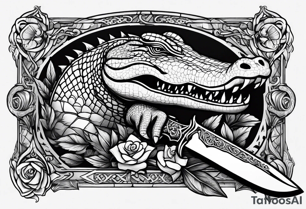 Dagger made out of an alligator with a woman on the blade tattoo idea