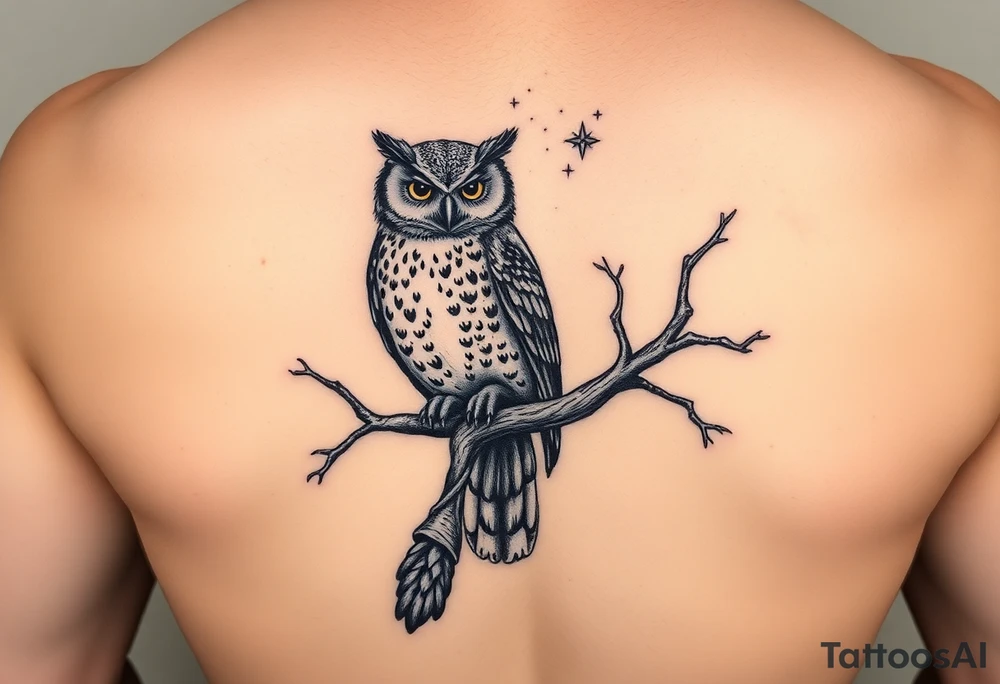 wise owl perched on ancient oak branch under starlit sky tattoo idea