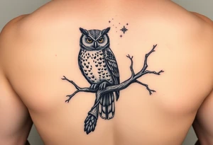 wise owl perched on ancient oak branch under starlit sky tattoo idea