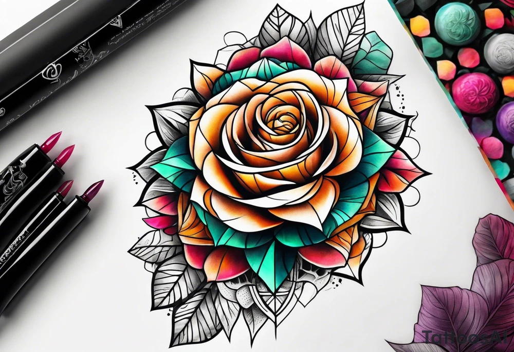 knee tattoo with geometry, roses and swirl washes in background in fall colors tattoo idea