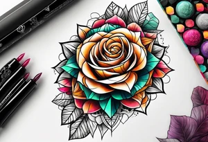 knee tattoo with geometry, roses and swirl washes in background in fall colors tattoo idea