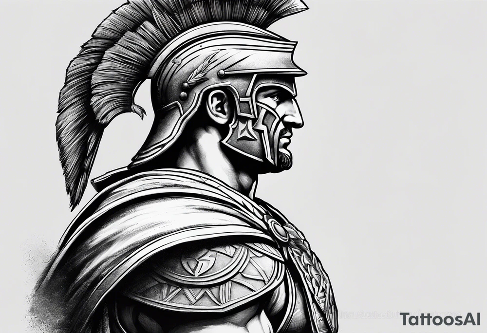 Side profile Spartan Solider ancient roman city in the background tattoo idea