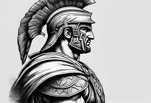 Side profile Spartan Solider ancient roman city in the background tattoo idea