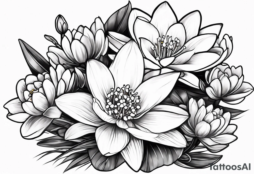 Water Lily, Lily of the Valley, Narcissus, and Gladiolus flower bouquet tattoo idea