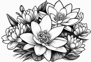 Water Lily, Lily of the Valley, Narcissus, and Gladiolus flower bouquet tattoo idea