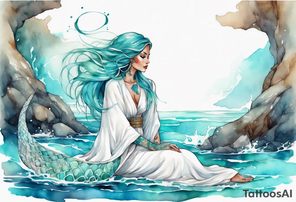 A beautiful undine with turquois scales wearing a white robe, laying on the shore tattoo idea