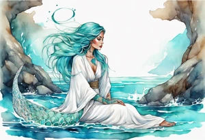 A beautiful undine with turquois scales wearing a white robe, laying on the shore tattoo idea