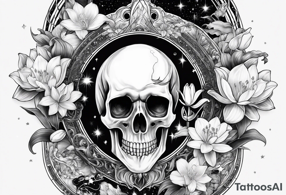 sleeve incorporating science, skulls, roller coaster track, space and stars, water lily, daffodil, lily of the valley tattoo idea