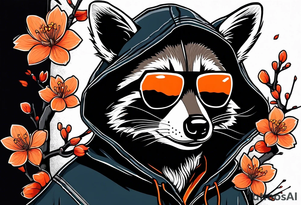 Raccoon wearing a white Superman logo on a black hoodie and orange Japanese cherry blossoms beside tattoo idea