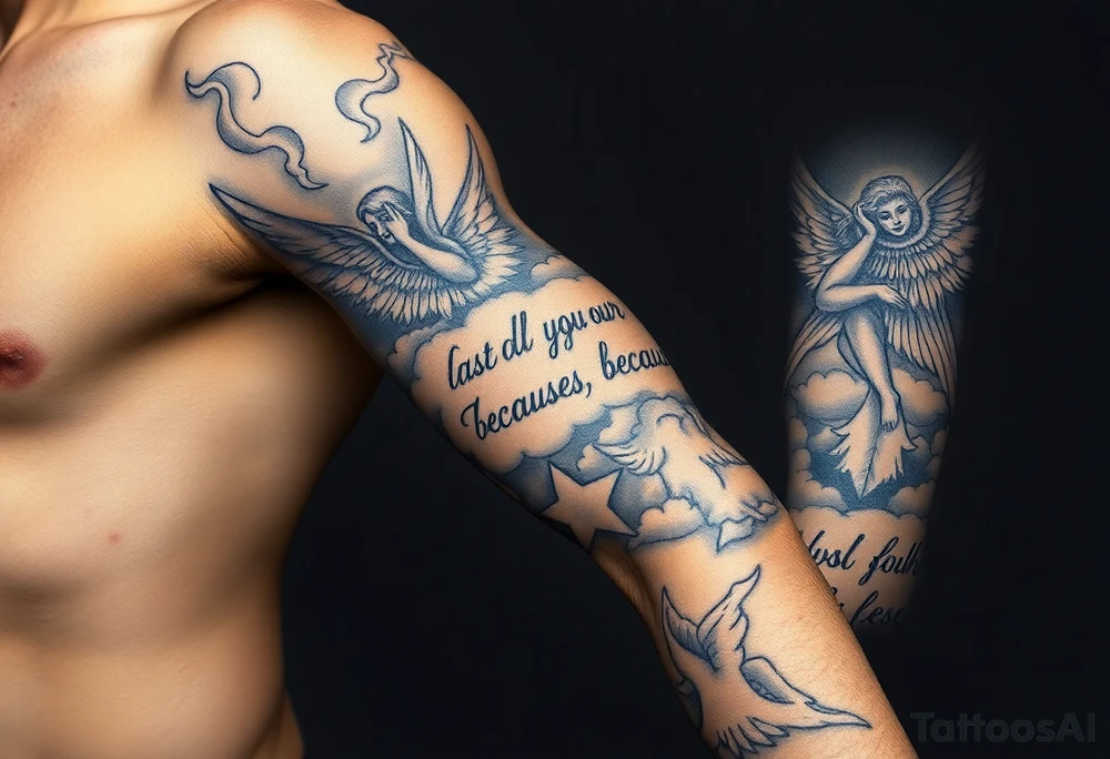 cast all your anxiety on him because he cares for you" with angels and clouds tattoo idea