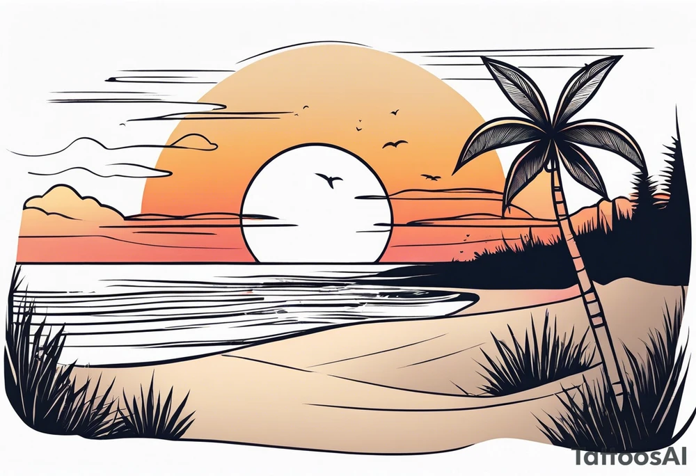 negative space linework canaba on a beach at sunset tattoo idea