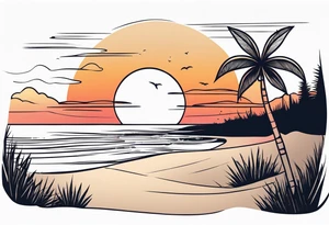 negative space linework canaba on a beach at sunset tattoo idea