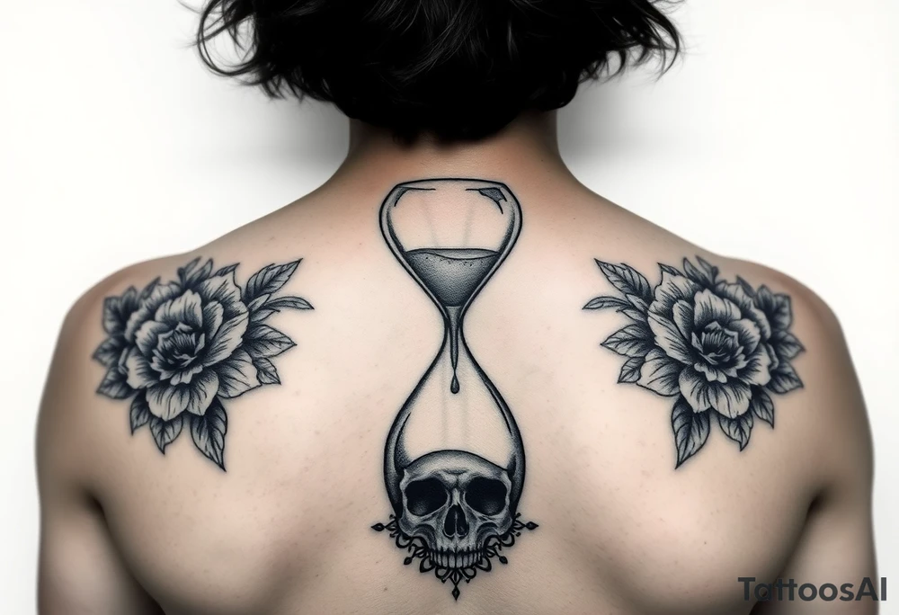 An hourglass with a human skull at the bottom that the sand is pouring into. Include matching florals on each shoulder. Mandala patter at the bottom tattoo idea