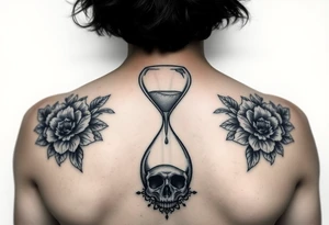 An hourglass with a human skull at the bottom that the sand is pouring into. Include matching florals on each shoulder. Mandala patter at the bottom tattoo idea