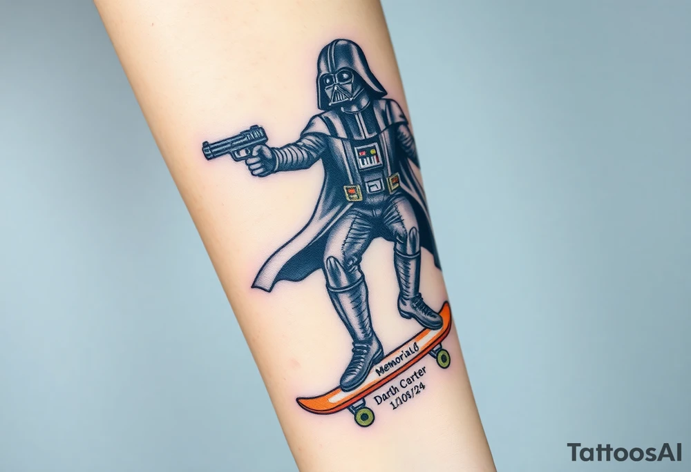 Darth Vader skateboarding with gun> bullets > memorial > god > colors > futuristic/space/star wars
add name "Darth Carter" on skateboard
add date 12/29/88-01/06/24 tattoo idea