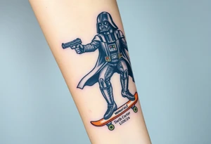 Darth Vader skateboarding with gun> bullets > memorial > god > colors > futuristic/space/star wars
add name "Darth Carter" on skateboard
add date 12/29/88-01/06/24 tattoo idea