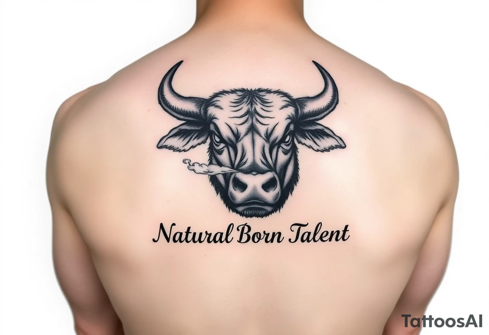 Bull blowing smoke out of his nose with the words Natural Born Talent tattoo idea