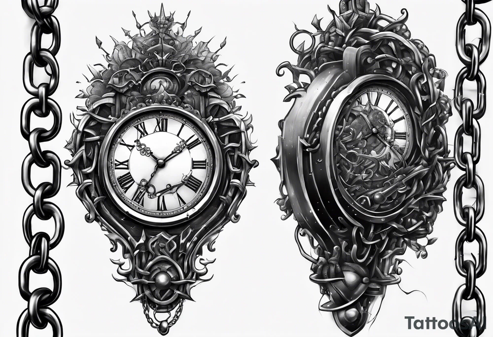 Extremely hyper realistic broken clock covered in chains that are growing tattoo idea Extremely hyper realistic broken clock covered in chains that are growing tattoo idea