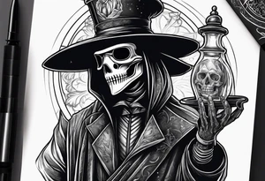 plague doctor with a skeleton hand holding medicine tattoo idea