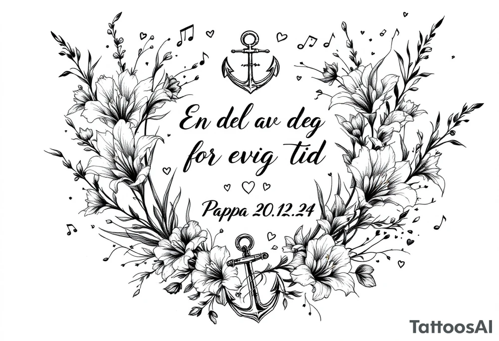 «En del av deg for evig tid
Pappa 20.12.24» Surrounded by long gladiolus, hearts, notes and an anchor tattoo idea
