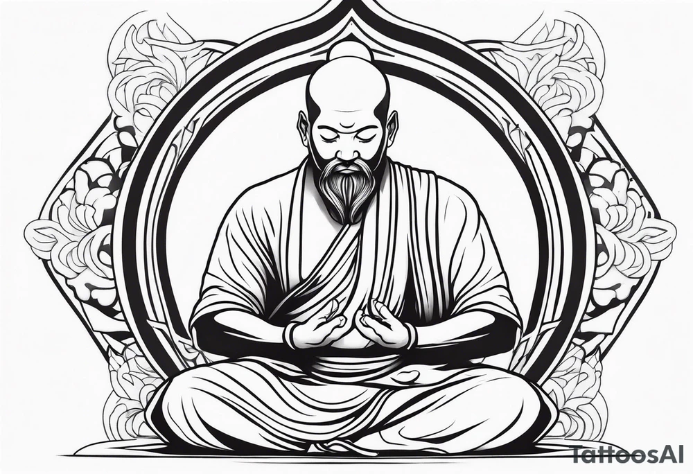 Monk head facing down seriously meditating while doing namaste hand full body tattoo idea