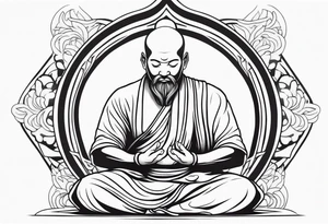 Monk head facing down seriously meditating while doing namaste hand full body tattoo idea