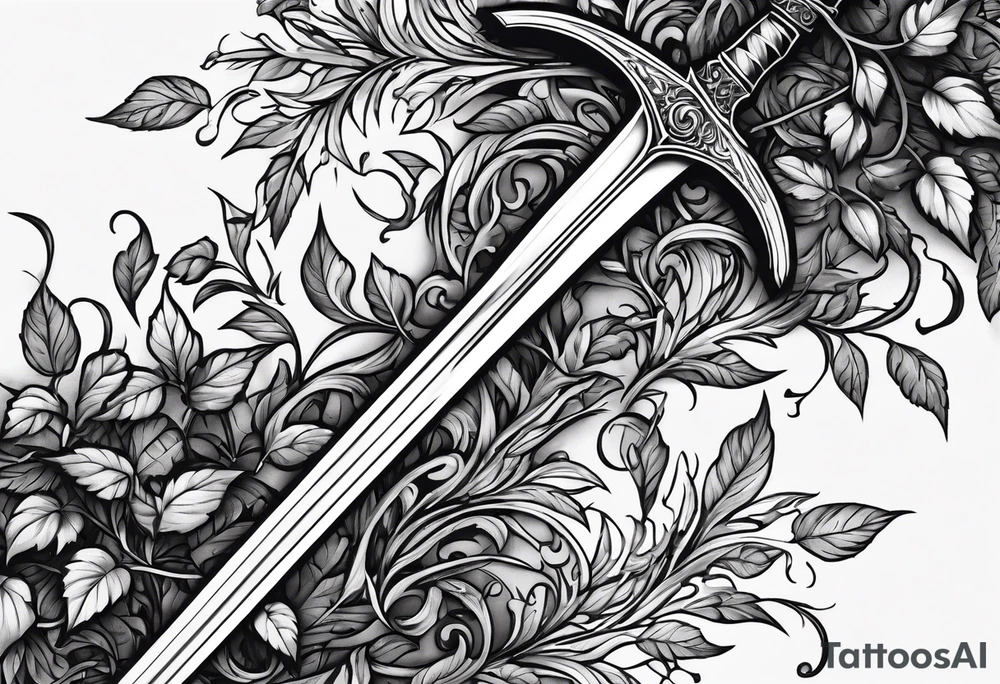 Leafy vines with sword tattoo idea
