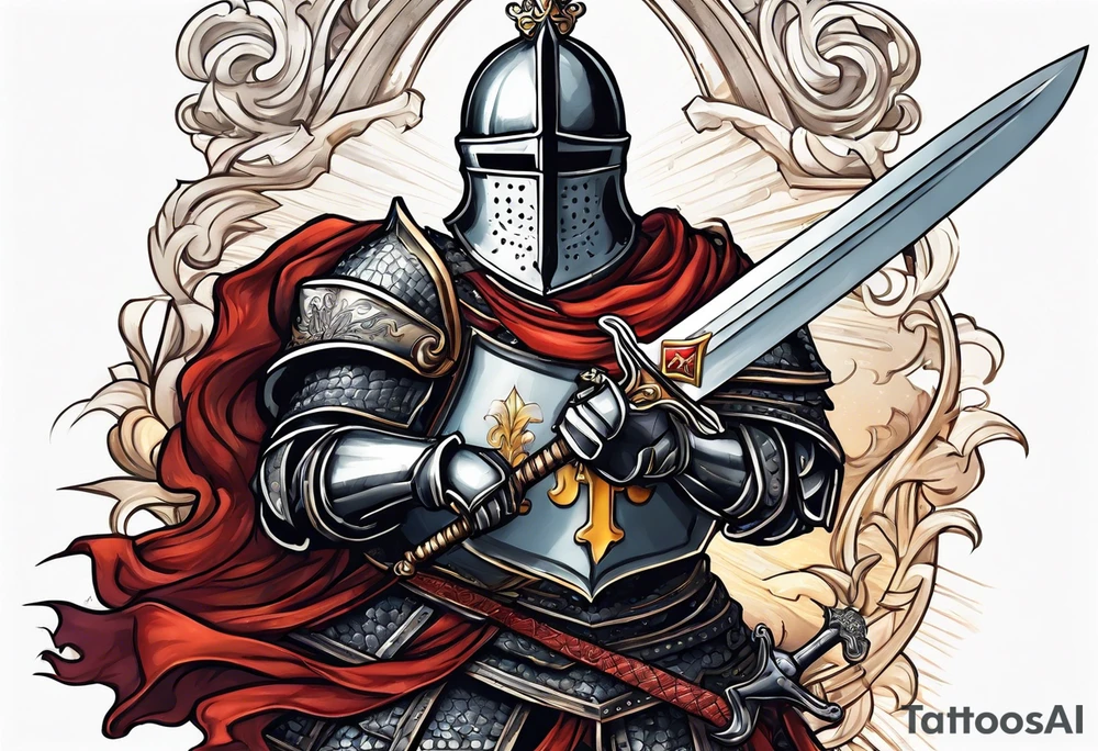 a knight pulling a sword out of an open bible tattoo idea
