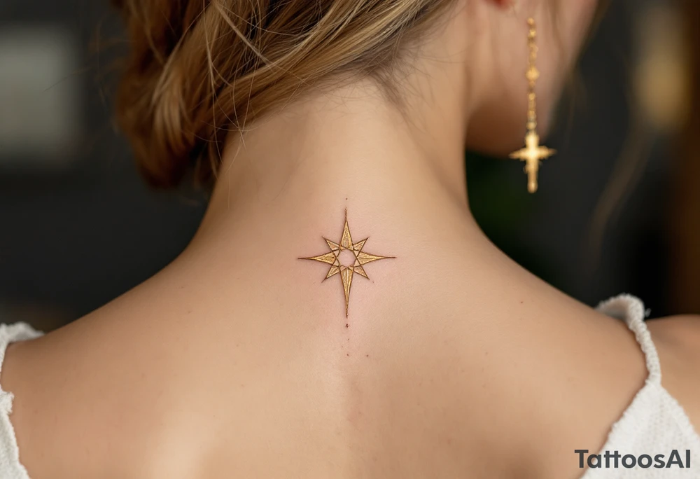A gold eight-pointed star tattoo evokes celestial power and divine energy. tattoo idea