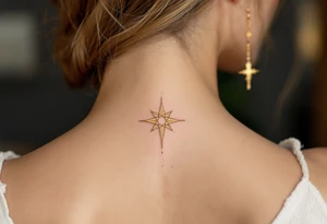 A gold eight-pointed star tattoo evokes celestial power and divine energy. tattoo idea