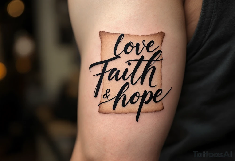 Tattoo with black calligraphy love faith hope on a parchment-scroll background in faded tan and beige tones. tattoo idea
