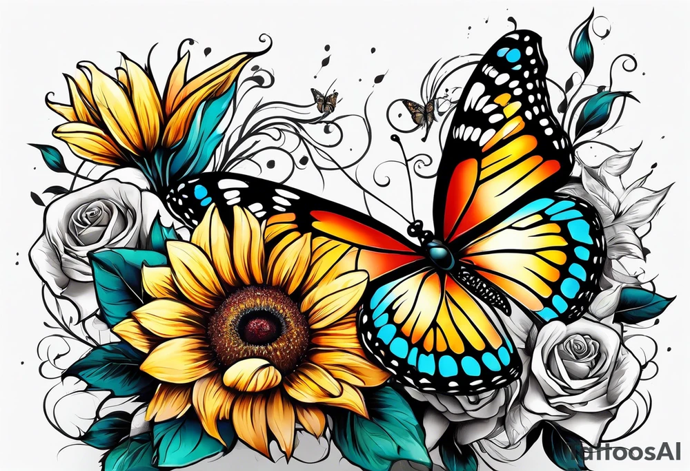animal butterfly , flower rose, sunflower, tattoo idea