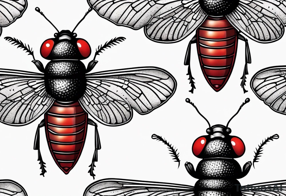 Black stippled cicada with red pattern or texture background tattoo idea