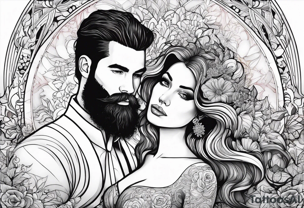Busty red haired woman with a bearded man who has black hair getting married tattoo idea