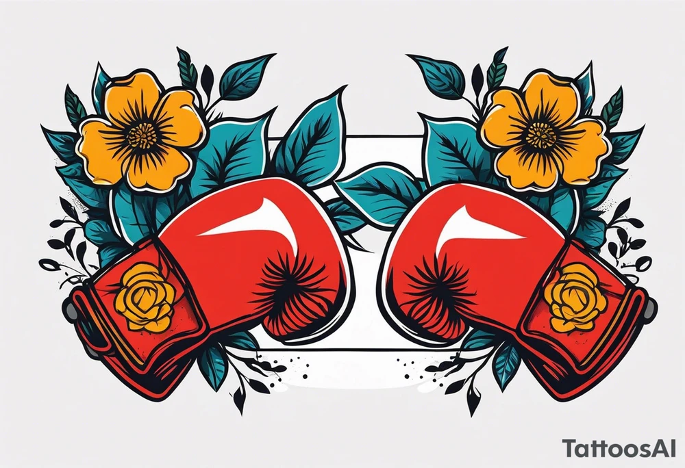 boxing gloves and flowers around the gloves  bold colors traditional old school vintage
banner tattoo idea