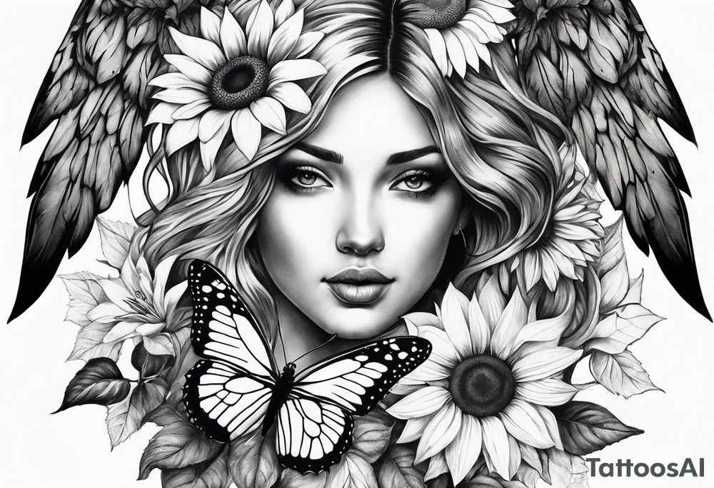 Sleeve with angel wings, sunflower and butterfly tattoo idea