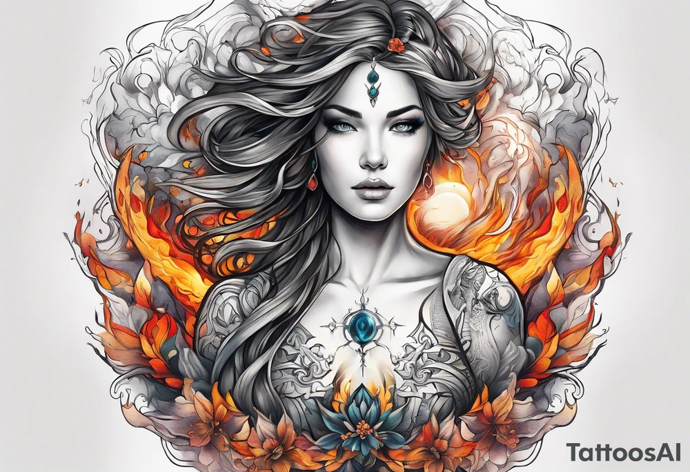 Resurrection strength and courage Beautiful Woman walking through fire and chaos to inner peace and self-love  ethereal tattoo idea