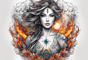 Resurrection strength and courage Beautiful Woman walking through fire and chaos to inner peace and self-love  ethereal tattoo idea