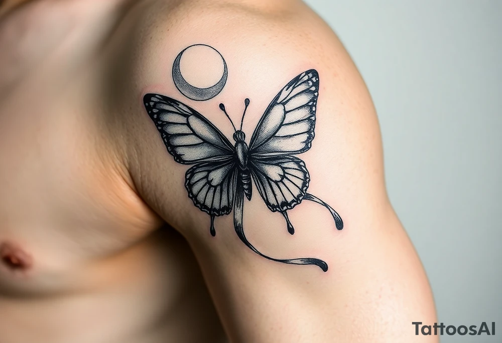 ethereal butterfly with flowing silk ribbons in moonlight tattoo idea