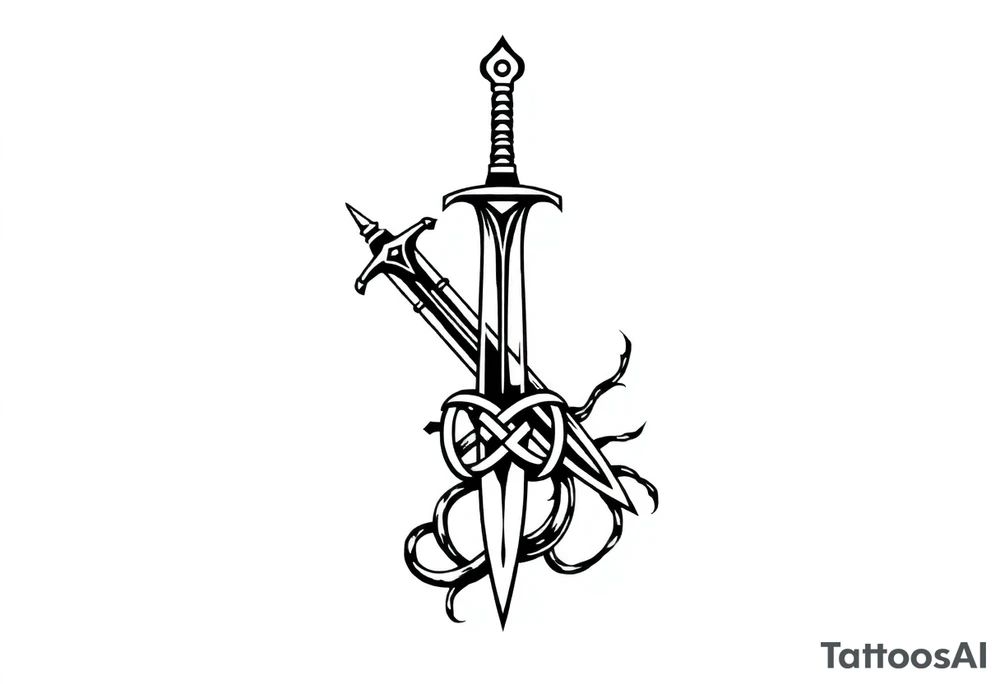 a single small sword with an overgrown Celtic knot band infused with roots tattoo idea