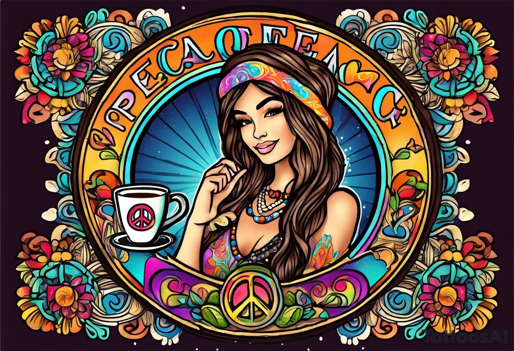 Groovy Coffee shop logo with hippie girl holding a peace sign on hand, peace sign on coffee mug tattoo idea