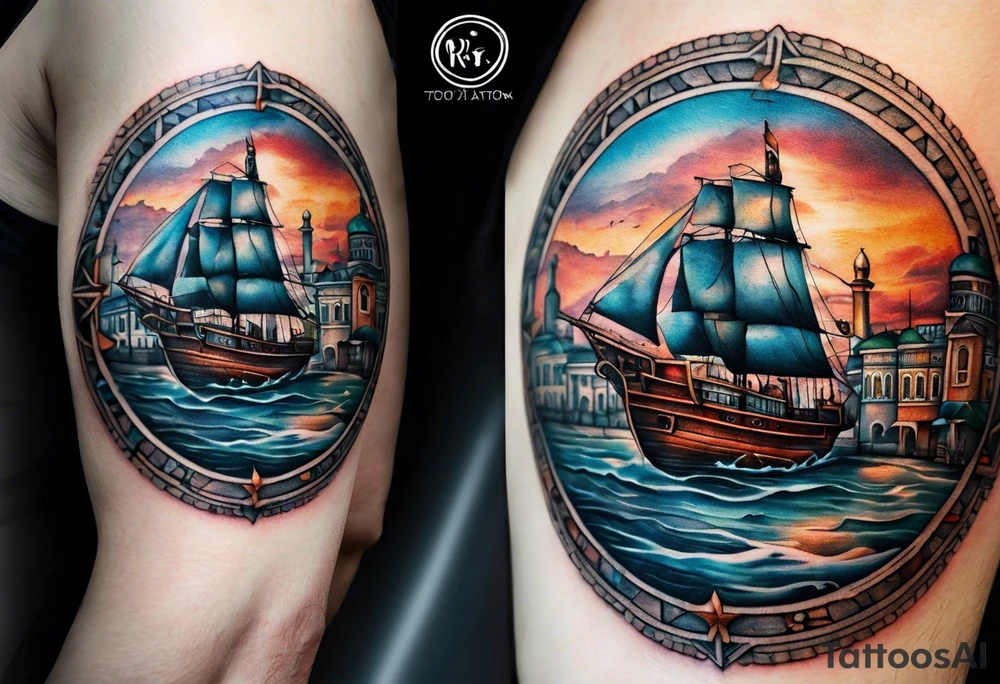This tattoo depicts the city of Odesa. The main symbols of this city are a ship's wheel, a lighthouse, the Potemkin Stairs, the sea, the Opera House, and the cozy small streets. tattoo idea