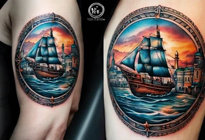 This tattoo depicts the city of Odesa. The main symbols of this city are a ship's wheel, a lighthouse, the Potemkin Stairs, the sea, the Opera House, and the cozy small streets. tattoo idea