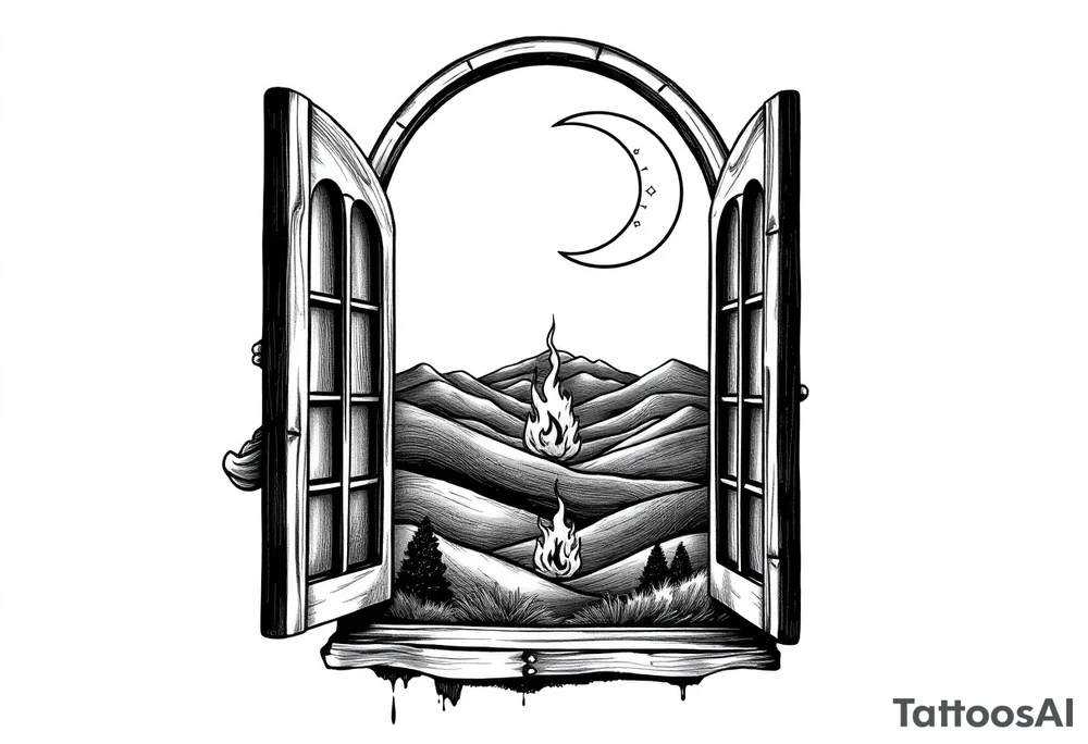 Tall church window with stained glass showcasing crescent moon over a hilly landscape as a fire burns in the distance tattoo idea