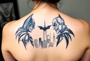 Batman facing off with the joker in Gotham city with buildings and with bat signal shinning realistic and detailed tattoo idea