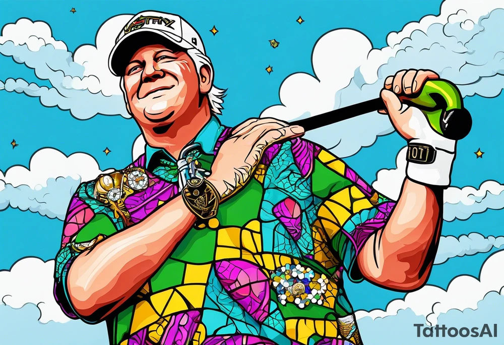 Golfer John Daly wearing the Infinity Gauntlet on one hand and holding a putter on the other hand on the 18th hole of the Masters. tattoo idea